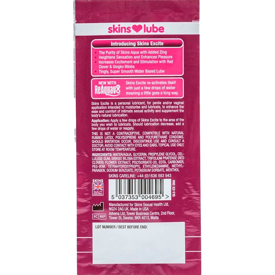 Lubrificante a base Excite D'acqua monodose 5 ml di Skins, immagine 2