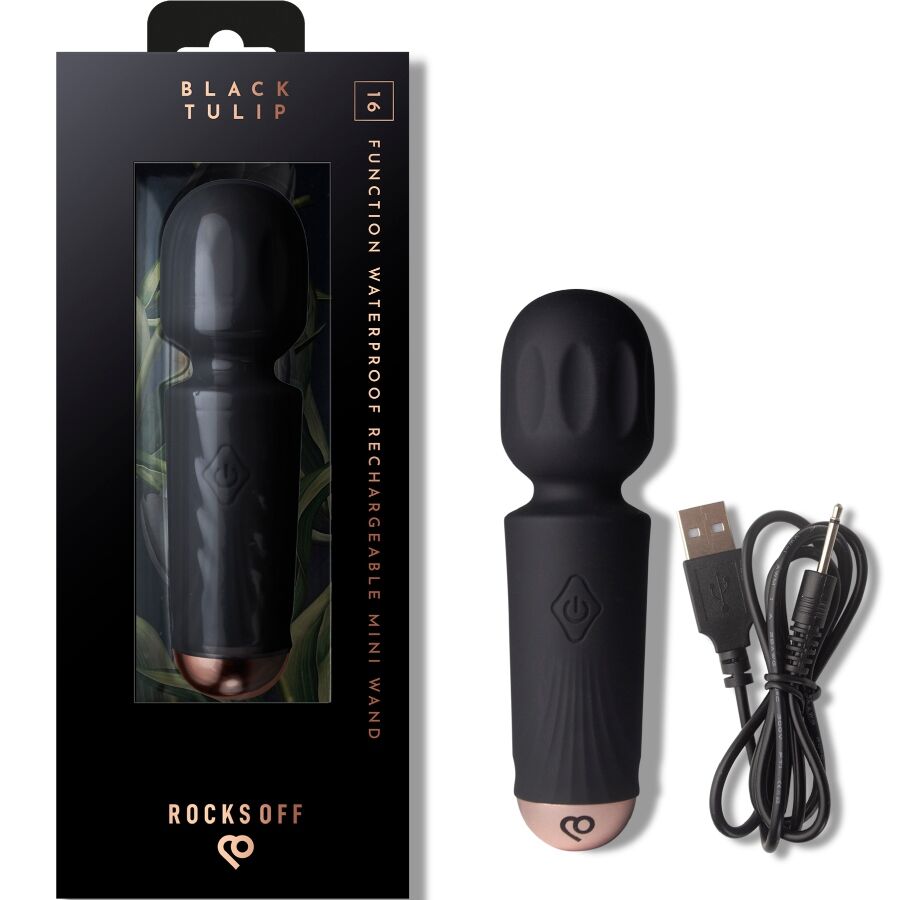 Massaggiatore wand mini ricaricabile 16 funzioni Tulipano nero di Rocks-Off, immagine 2