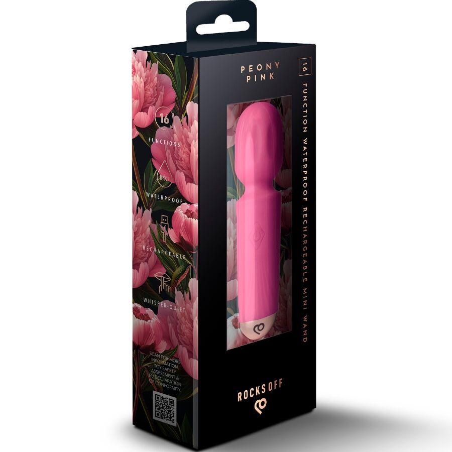 Massaggiatore wand mini ricaricabile 16 funzioni rosa peonia di Rocks-Off, immagine 6