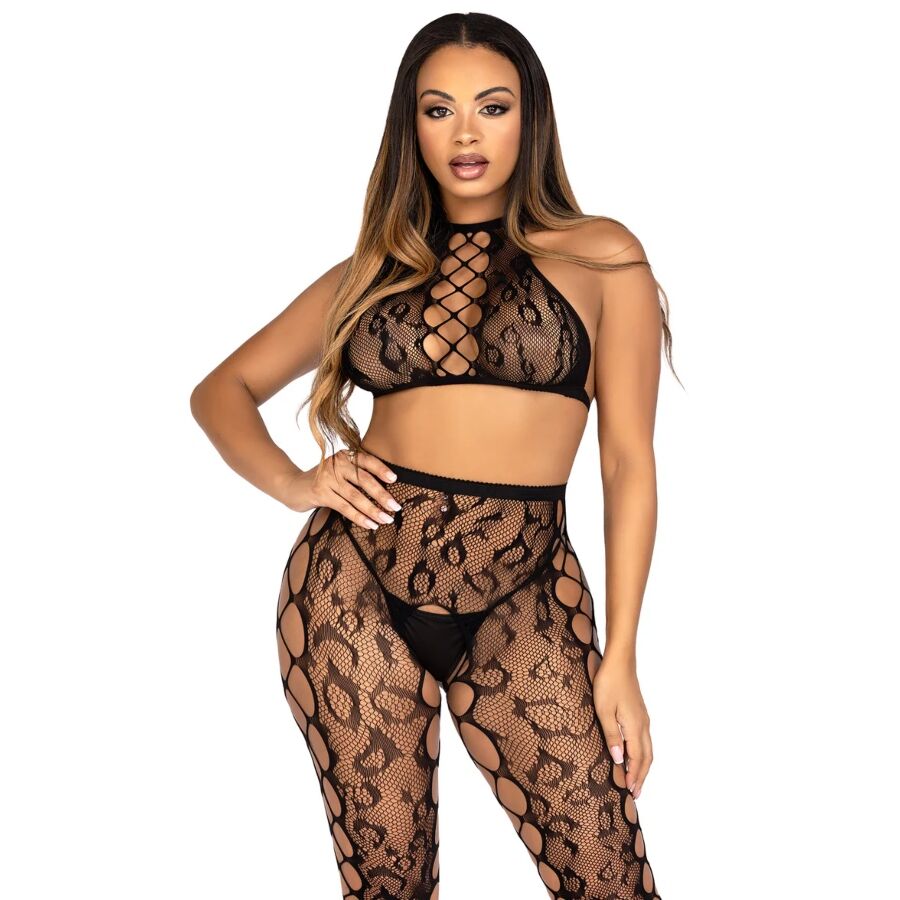 Top Crop e collant senza cavallo nero - taglia unica di Leg Avenue