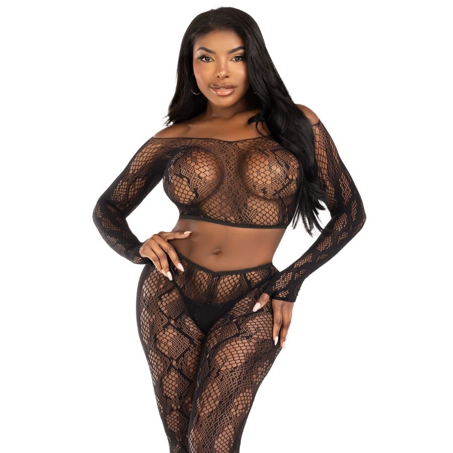 Top corto in Pitone e collant senza piede nero - taglia unica di Leg Avenue