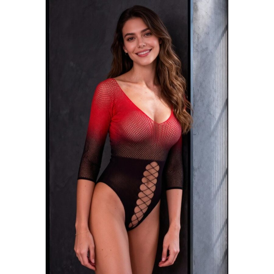 Bodystocking in rete nera e rossa di Passion, immagine 2