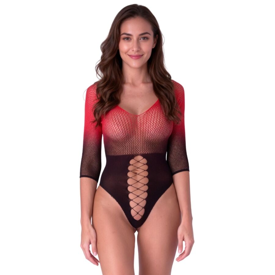 Bodystocking in rete nera e rossa di Passion