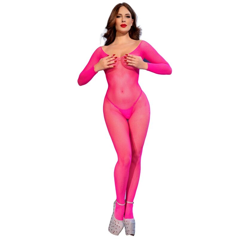 Bodystocking in rete rosa neon S/M di Chilirose